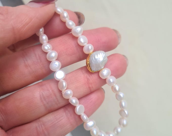 small Baroque Freshwater Pearl STRETCH Bracelet with a larger white Baroque pearl stacking bracelet bridal bracelet wedding jewellery gift