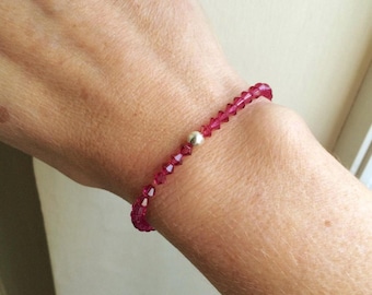 Pink crystal stretch bracelet Sterling Silver or Gold tiny 4mm Fushia pink bead stacking bracelet Arthritis jewellery gift for girl teenager