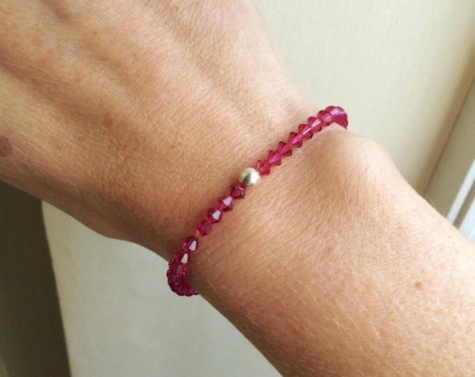 Pink crystal stretch bracelet Sterling Silver or Gold tiny 4mm Fushia pink bead stacking bracelet Arthritis jewellery gift for girl teenager