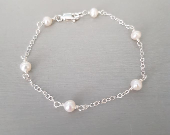 Sterling Silver Freshwater Pearl bracelet or 14K Gold Fill small 4mm real white pearl satellite bracelet June Birthstone jewellery gift girl
