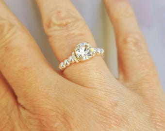 Silver Stretch Ring - with Clear Swarovski crystal, Sterling Silver Beads Ring Elastic Ring, Beaded Stretch Ring Stackable stretch ring gift