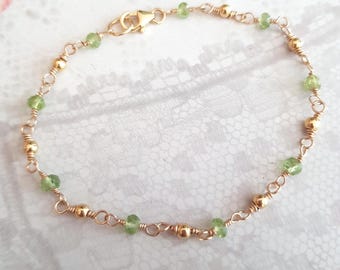 Tiny PERIDOT bracelet Gold Fill / Sterling Silver wire wrapped real green gemstone August Birthstone jewellery gift 16th wedding anniversary