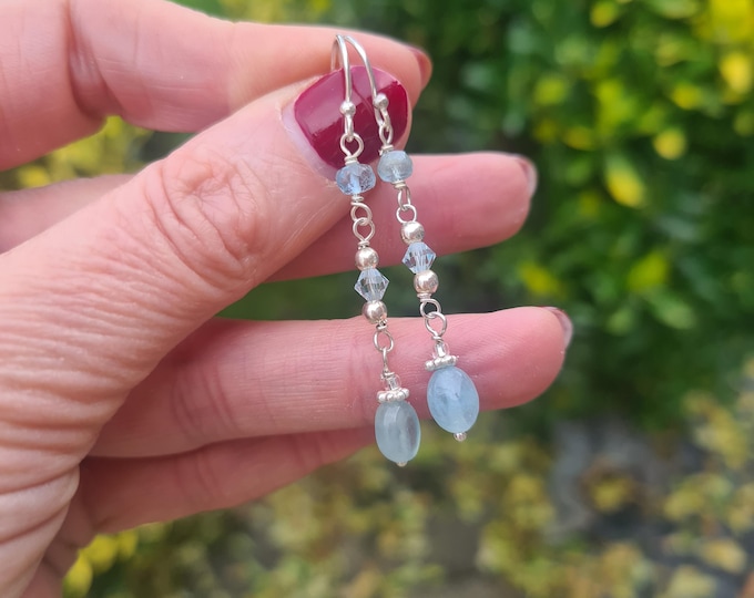 Aquamarine earrings Sterling Silver blue gemstone bead drop earrings wire wrapped Aquamarine March Birthstone jewellery gift for her wife