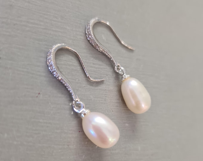 Freshwater pearl drop earrings on Sterling Silver CZ diamond  hooks white real Freshwater pearl earrings June Birthstone jewellery gift