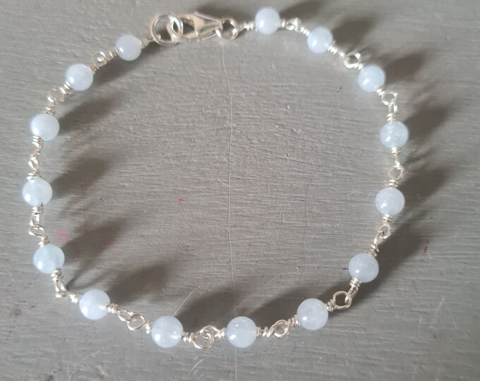 Tiny AQUAMARINE Bracelet Sterling Silver 4mm blue gemstone Bead Bracelet wire wrapped Aquamarine March Birthstone jewellery gift healing