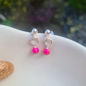 Tiny pink Jasper earrings Sterling Silver stud small Fushia pink Jasper gemstone drop earrings - Chakra healing yoga jewellery gift for girl