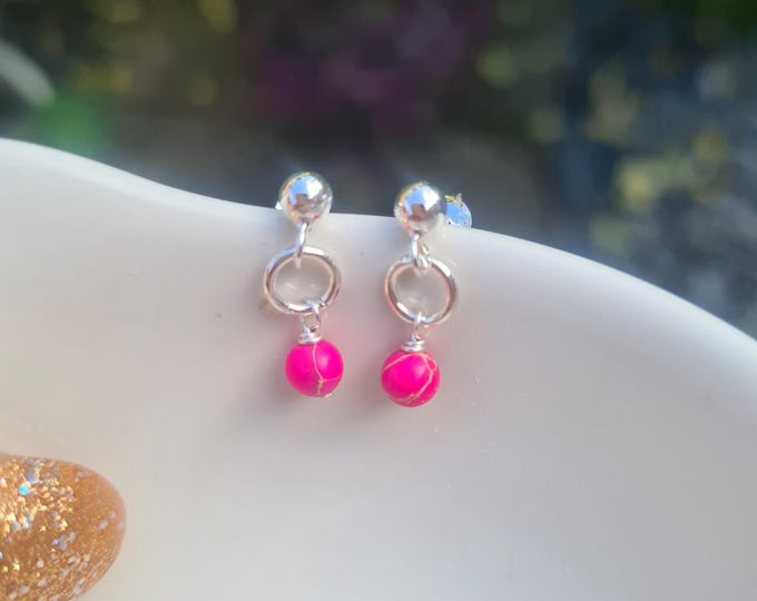 Tiny pink Jasper earrings Sterling Silver stud small Fushia pink Jasper gemstone drop earrings - Chakra healing yoga jewellery gift for girl