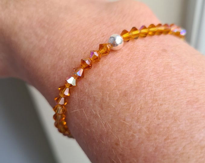 Topaz AB Swarovski crystal stretch bracelet Sterling Silver or Gold Fill 6" for SMALL WRIST tiny 4mm  November Birthstone gift for girl