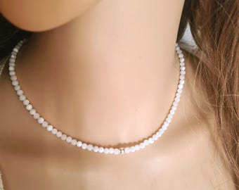 Mother of Pearl necklace choker with Sterling Silver or 14K Gold Fill bead tiny 4mm white gemstone bead necklace beaded MOP jewellery gift