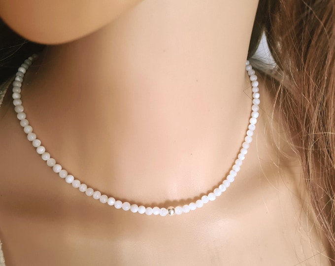 Mother of Pearl necklace choker with Sterling Silver or 14K Gold Fill bead tiny 4mm white gemstone bead necklace beaded MOP jewellery gift