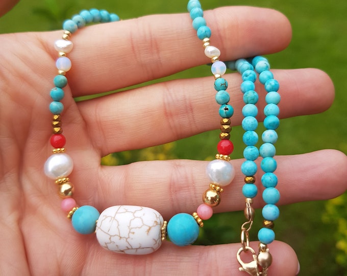 Turquoise and multi gemstone necklace choker Gold Fill or Sterling Silver with Coral, Freshwater Pearls and Howlite Holiday jewellery gift