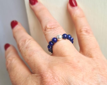 BLUE LAPIS LAZULI stretch ring Sterling Silver or Gold Fill 4mm Blue gemstone bead ring chakra stacking September Birthstone jewellery gift