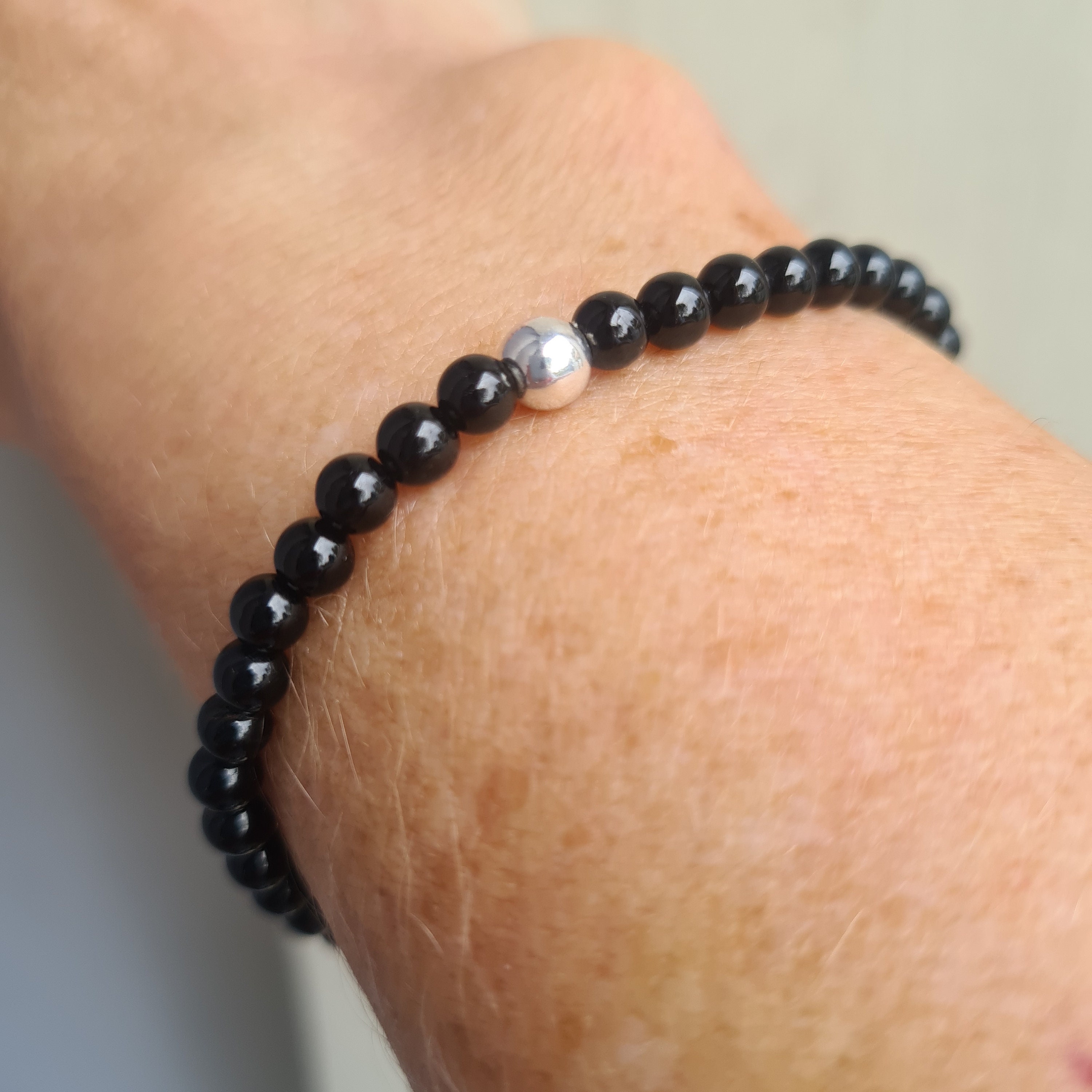 Chakra Stretch Bracelet | 6mm Beads, Sterling Silver Spacers | Men/Women (Black Tourmaline) Medium