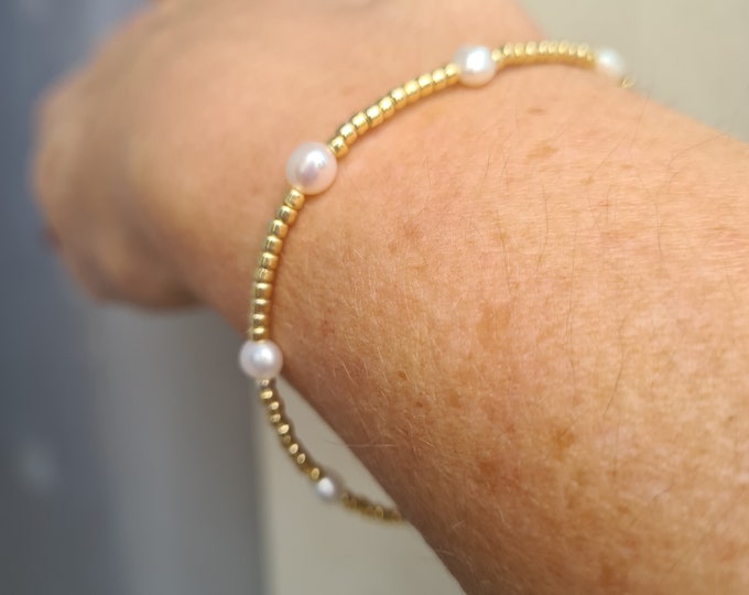 Tiny Baroque Freshwater Pearl bracelet Gold or Silver seed beads tiny Real pearl bracelet - June Birthstone jewellery gift for her mum girl