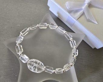 CLEAR QUARTZ stretch Bracelet Sterling Silver or 14K Gold Filled crackle Rock Quartz gemstone bead Bracelet April Birthstone jewellery gift