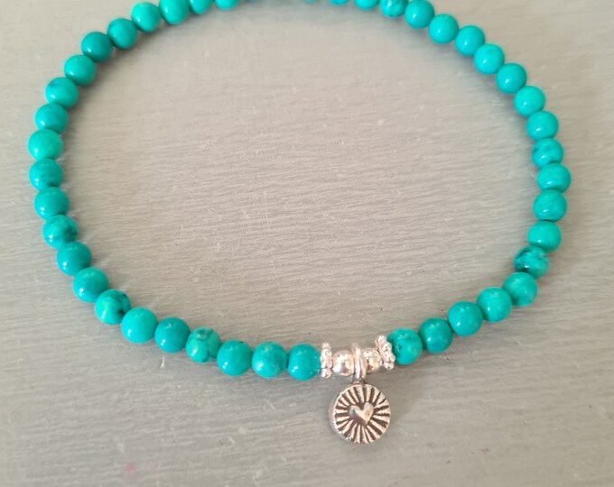Tiny Turquoise STRETCH Bracelet Sterling Silver heart 4mm blue green Turquoise GEMSTONE bead Bracelet  December Birthstone jewellery gift