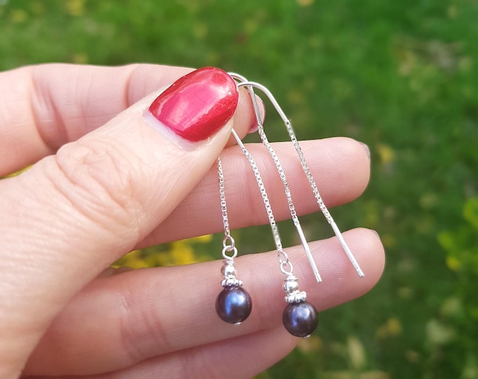 Peacock Freshwater pearl threader earrings Sterling Silver / Gold long real pearl Blue Black earrings June Birthstone jewellery gift for her