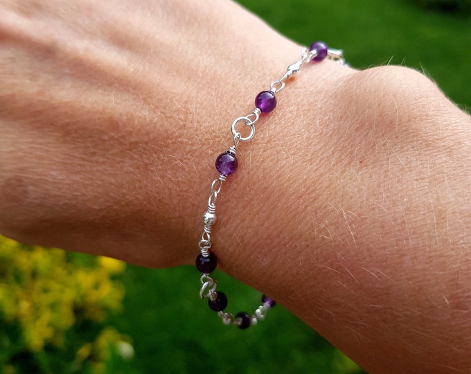 Tiny AMETHYST Bracelet Sterling Silver or Gold Fill 4mm purple gemstone Bead Bracelet beaded wire wrapped February Birthstone jewellery gift