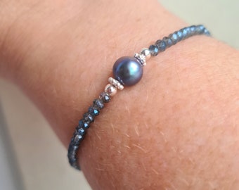 Blue black Freshwater Pearl stretch bracelet Sterling Silver real Peacock pearl and tiny blue grey crystal bracelet jewellery gift for mum