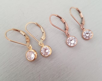 Tiny 14K Gold Fill CZ Diamond earrings or 14K Rose Gold Fill small clear CZ drop earrings Dainty April Birthstone jewellery gift