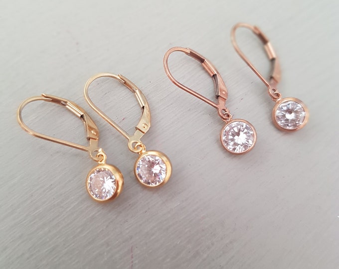 Tiny 14K Gold Fill CZ Diamond earrings or 14K Rose Gold Fill small clear CZ drop earrings Dainty April Birthstone jewellery gift