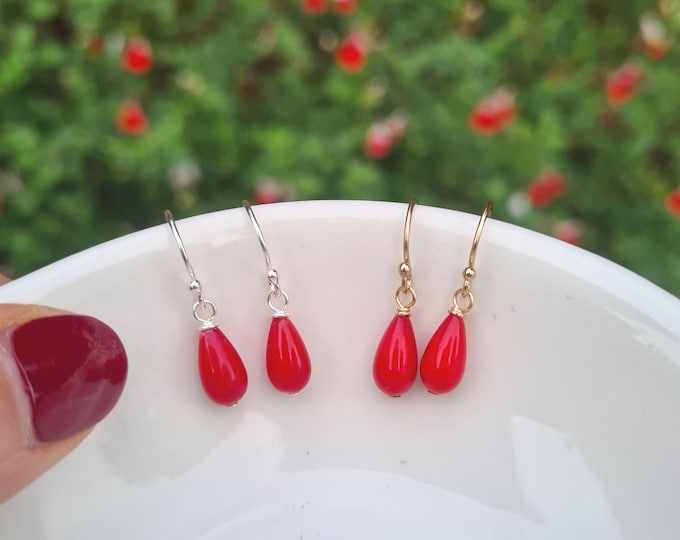 Tiny red Coral earrings Sterling Silver or Gold Fill small red Coral teardrop earrings red gemstone jewellery Chakra jewelry gift for girl