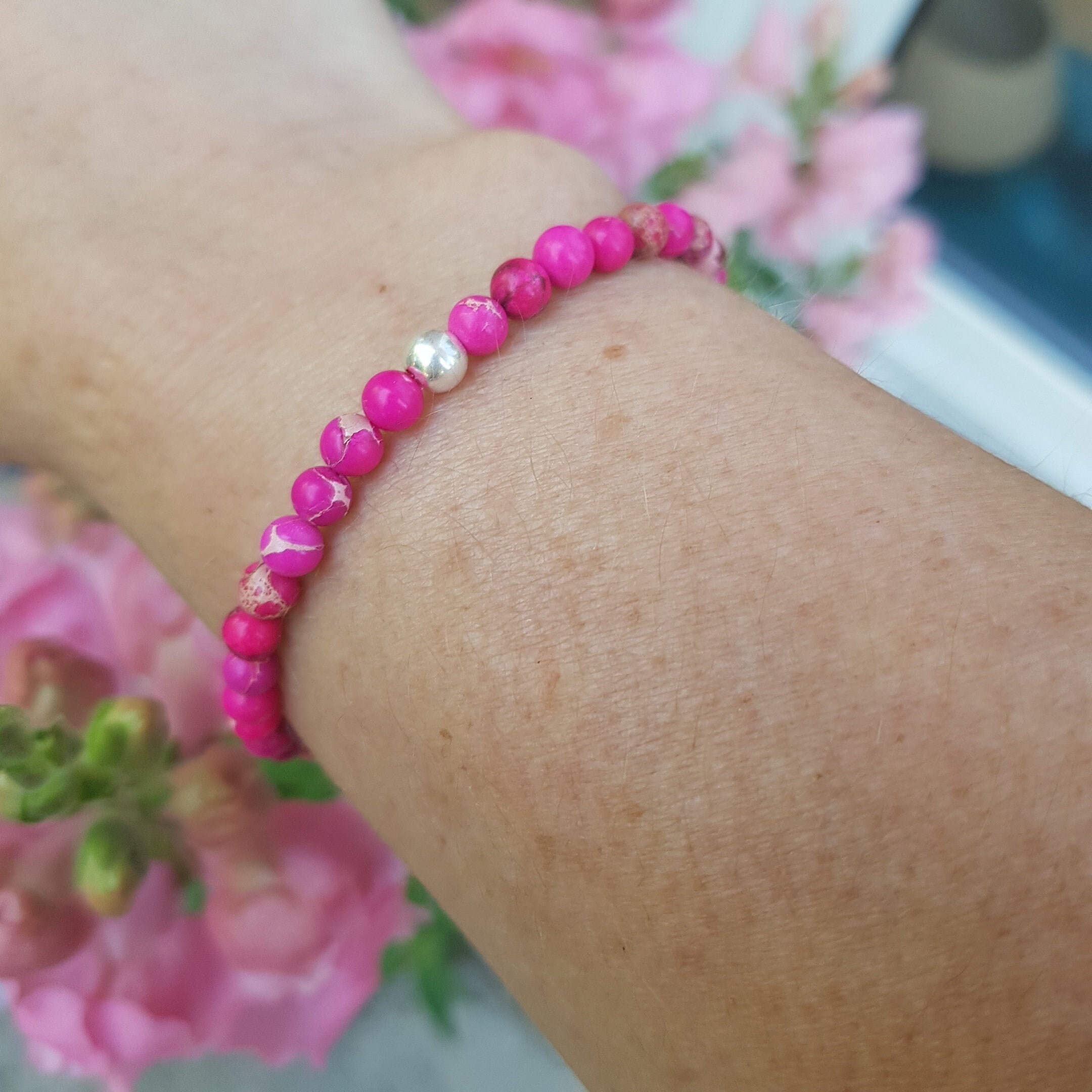 Hot Pink Beaded Bracelet Silver Cuff Wire Lace Mesh / bright pink druzy  jewelry / fuchsia drusy geode agate jade | Lapisbeach