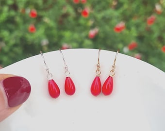 Tiny red Coral earrings Sterling Silver or Gold Fill small red Coral teardrop earrings red gemstone jewellery Chakra jewelry gift for girl