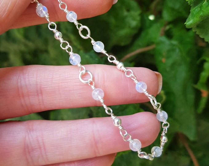 Tiny MOONSTONE Bracelet Sterling Silver wirewrapped real white Moonstone gemstone bracelet Bead Bracelet beaded June Birthstone jewelry gift