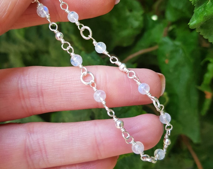 Dainty MOONSTONE Bracelet Sterling Silver wire wrapped real white gemstone bead Bracelet beaded June Birthstone jewellery gift for her girl