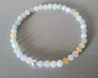 Tiny MORGANITE STRETCH Bracelet Sterling Silver 4mm pastel blue pink GEMSTONE bead Bracelet Heart Chakra jewellery Crystal Healing gift girl