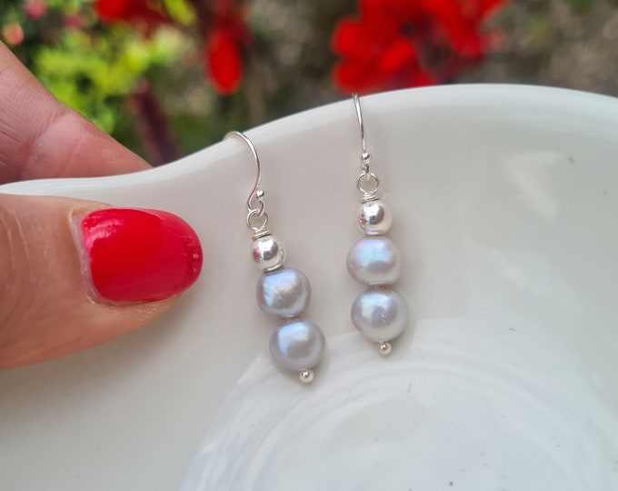 Grey Freshwater pearl earrings Sterling Silver grey pearl drop earrings, double pearl earrings Baroque pearl earrings Silver pearl jewellery