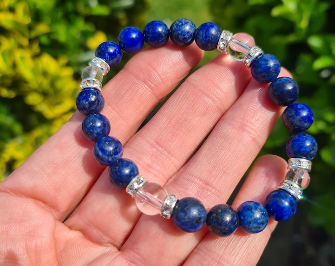 BLUE LAPIS Lazuli STRETCH Bracelet Sterling Silver 8mm blue Lapis and Rock Quartz gemstone bead Bracelet September Birthstone jewellery gift