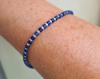 Tiny Blue Lapis bead Bracelet Sterling Silver / Gold 3mm Lapis Lazuli Heishi bead bracelet September Birthstone jewelry 9th Anniversary gift