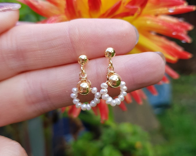 Tiny Freshwater pearl drop earrings 14K Gold Fill or Sterling Silver stud AA white real seed pearl earrings dainty bridal jewellery gift