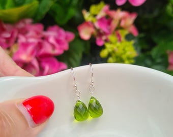 Small Peridot Quartz earrings Sterling Silver or Gold green gemstone teardrop earrings August Birthstone jewellery gift 16th anniversary