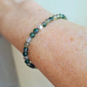 Green Moss Agate stretch Bracelet Sterling Silver or 14K Gold Fill tiny 4mm green gemstone bead bracelet Chakra jewellery gift for her / him