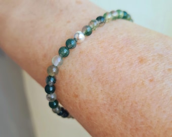Green Moss Agate stretch Bracelet Sterling Silver or 14K Gold Fill accent bead - Chakra jewellery gift for her or him