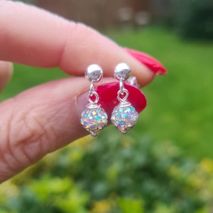Tiny crystal ball earrings Sterling Silver Stud small sparkly AB or clear diamante drop earrings crystal disco ball jewellery gift for girl