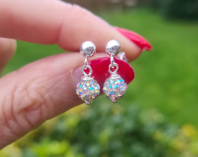 Tiny crystal ball earrings Sterling Silver Stud small sparkly AB or clear diamante drop earrings crystal disco ball jewellery gift for girl
