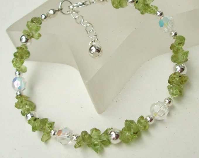 Beaded Peridot bracelet Sterling Silver August Birthstone green Peridot gemstone bracelet & Swarovski crystal, genuine Peridot jewellery