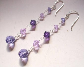 Long Purple Swarovski crystal drop earrings - Sterling Silver