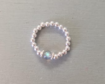 Labradorite Sterling Silver stretch ring grey gemstone bead ring 14K Gold or Silver stacking ring  Labradorite jewellery chakra yoga gift