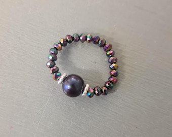 Peacock Freshwater Pearl stretch ring Sterling Silver or 14K Gold Fill real black pearl & crystal beaded ring June BIRTHSTONE jewellery gift