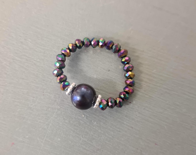 Peacock Freshwater Pearl stretch ring Sterling Silver or 14K Gold Fill real black pearl & crystal beaded ring June BIRTHSTONE jewellery gift