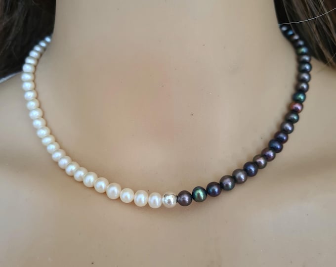 Peacock Black and white Freshwater Pearl necklace choker Sterling Silver Gold Fill 5-6mm real pearl June Birthstone jewellery gift her / him