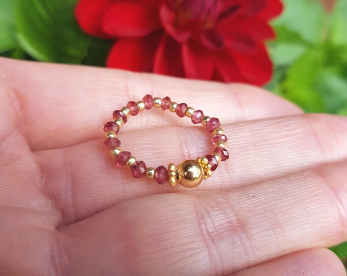 Tiny red GARNET stretch ring 14K Gold Fill or Sterling Silver Rhodolite Garnet gemstone bead ring stacking January Birthstone jewellery gift