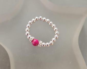 Pink Jasper stretch ring Sterling Silver / Gold tiny hot Fushia pink gemstone bead ring 4mm beaded Boho stacking ring Chakra jewellery gift