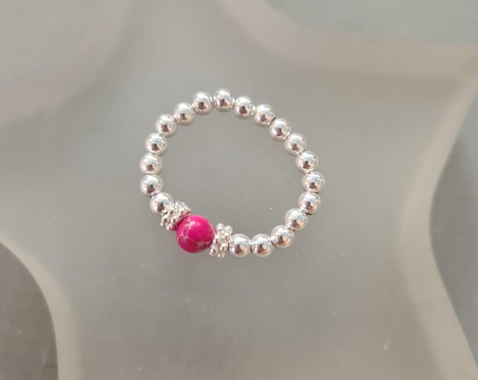 Pink Jasper stretch ring Sterling Silver / Gold tiny hot Fushia pink gemstone bead ring 4mm beaded Boho stacking ring Chakra jewellery gift