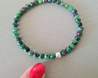 Ruby Zoisite stretch Bracelet Sterling Silver or Gold Fill Bracelet tiny 4mm green small Beaded gemstone bracelet healing Chakra jewellery